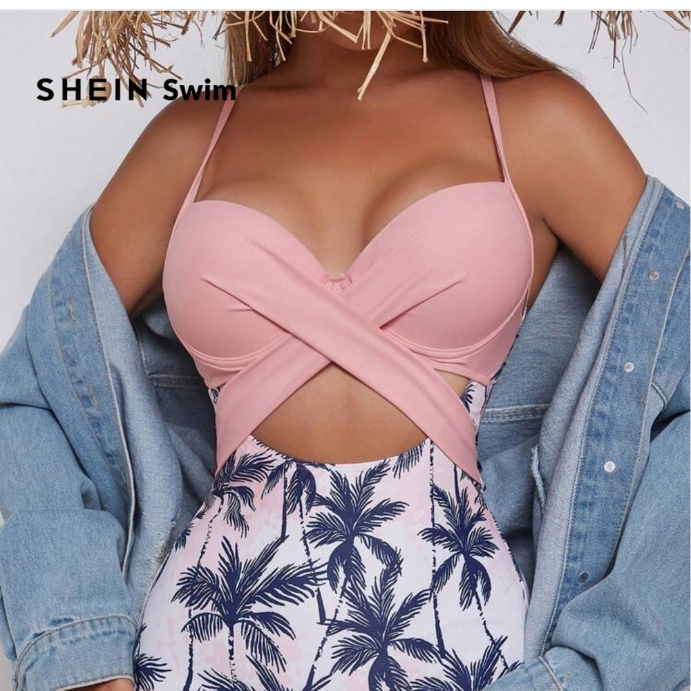 SHEIN Pink and Navy Palm Swimsuit